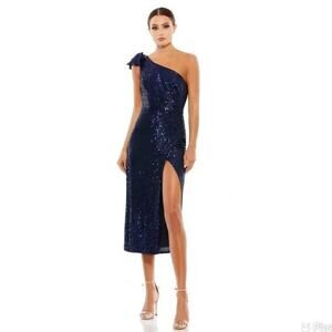Mac Duggal SEQUINED ONE‎ SHOULDER BOW MIDI DRESS BLUE 26689